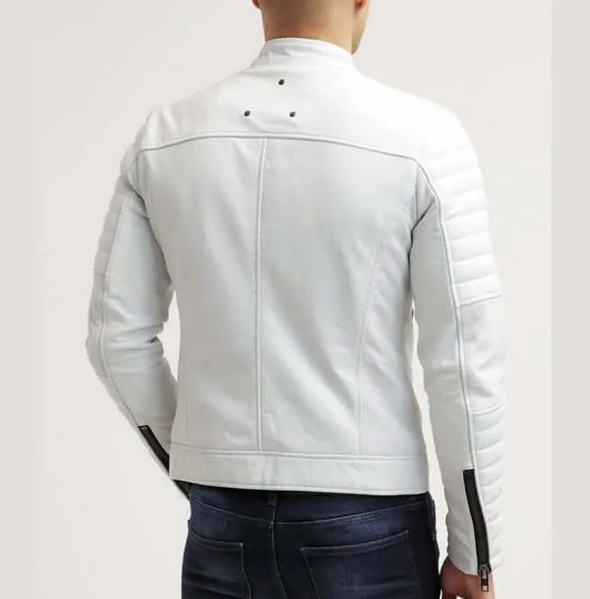 Men White Color Slim Fit Leather Jacket, Men's Fashion Jacket