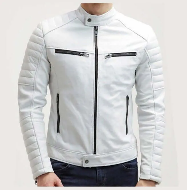 Men White Color Slim Fit Leather Jacket, Men's Fashion Jacket