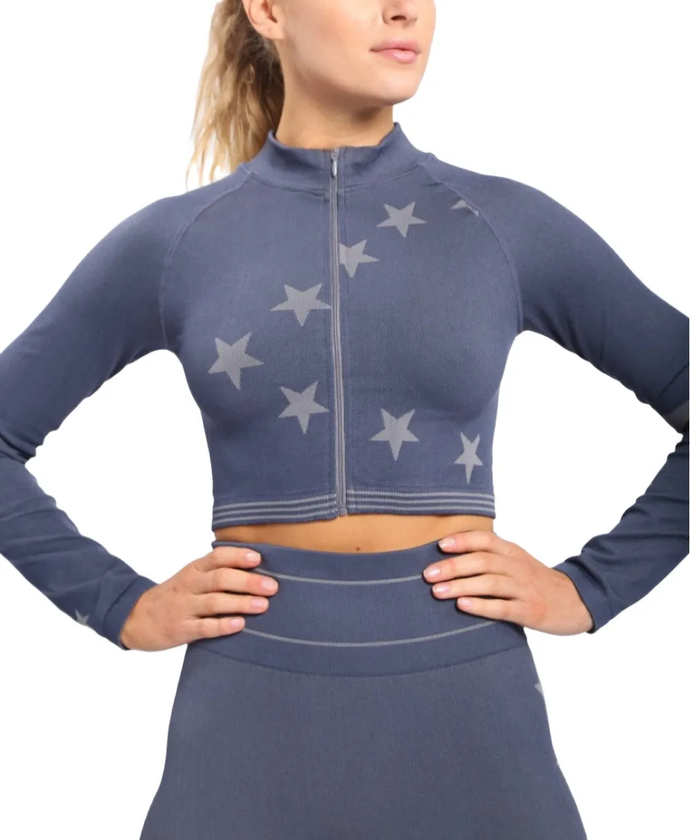 Mono B Stars and Stripes Cropped Zip Up Jacket AJ-A0991