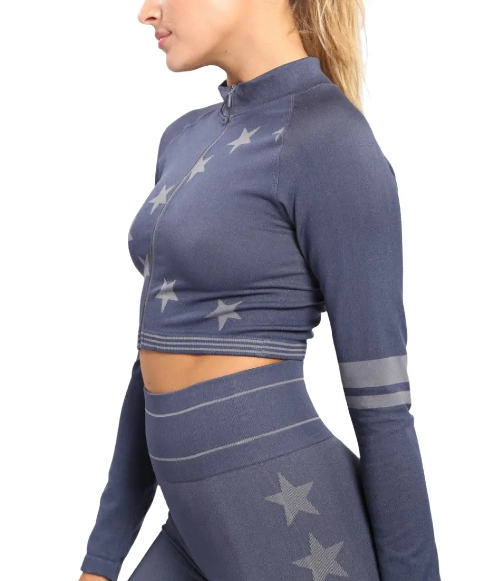 Mono B Stars and Stripes Cropped Zip Up Jacket AJ-A0991