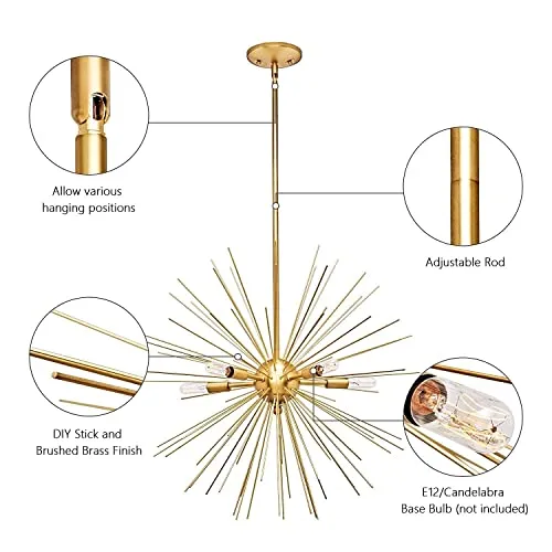 MOTINI Brushed Brass Sputnik Chandelier 5-Light Firework Chandelier Modern Ceiling Pendant Light Fixtures for Dining Room, Bedroom, Kitchen, Hallway, Entryway UL Listed (Dia 24 Inch)