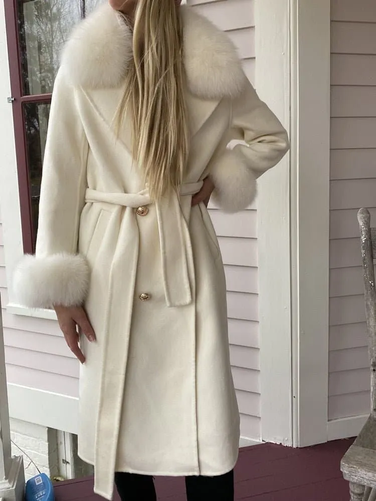 Natural Fox Fur Cashmere Wool Blends Coat