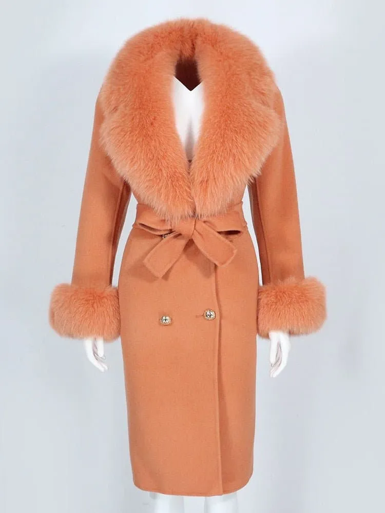 Natural Fox Fur Cashmere Wool Blends Coat