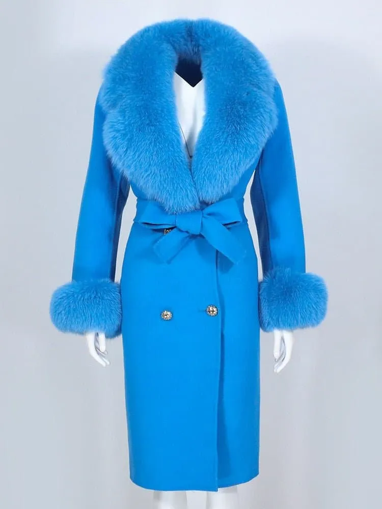 Natural Fox Fur Cashmere Wool Blends Coat