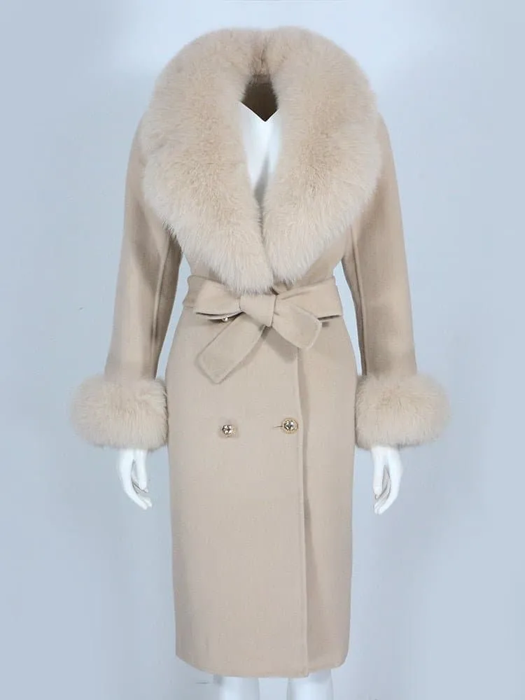 Natural Fox Fur Cashmere Wool Blends Coat