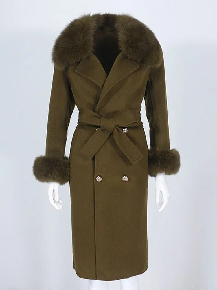 Natural Fox Fur Cashmere Wool Blends Coat