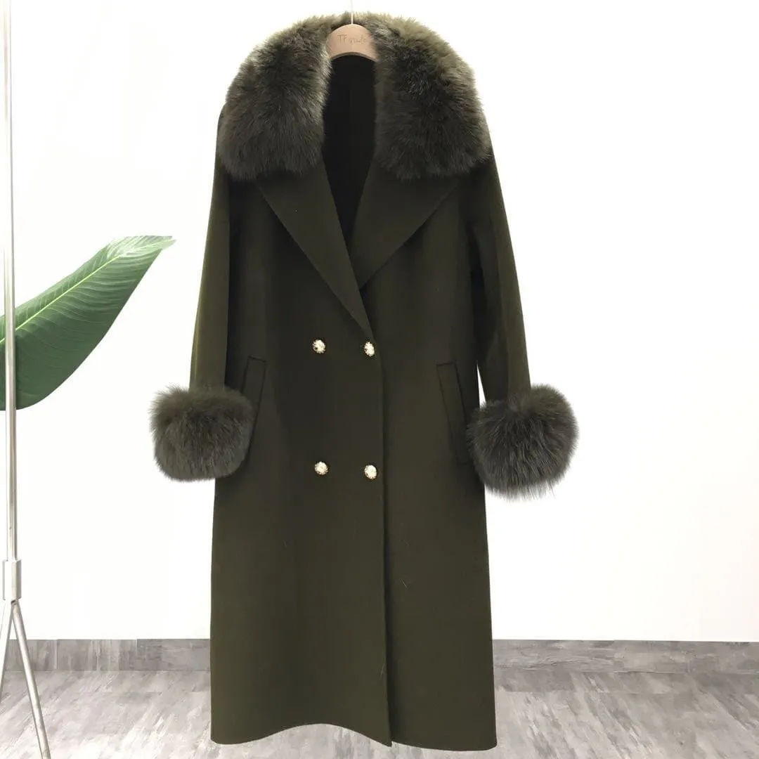 Natural Fox Fur Cashmere Wool Blends Coat