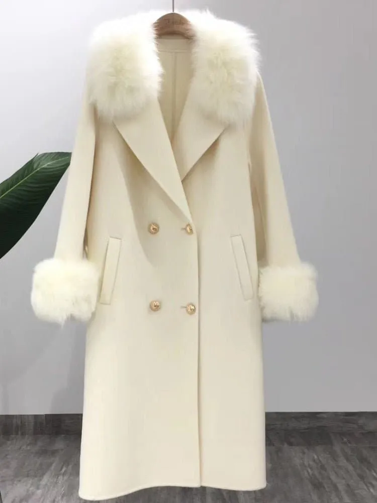 Natural Fox Fur Cashmere Wool Blends Coat