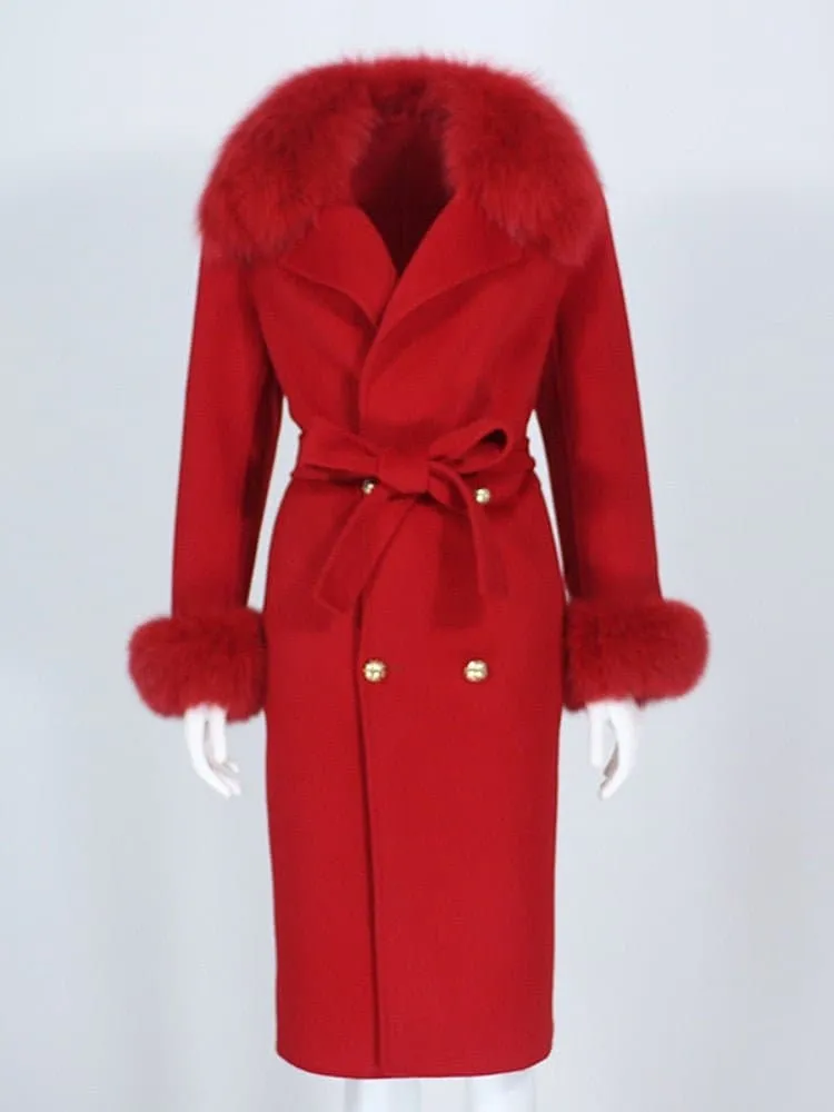 Natural Fox Fur Cashmere Wool Blends Coat