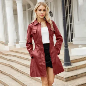 New European And American-style Mid-length Leather Coat With Belt Fashion Coat For Women