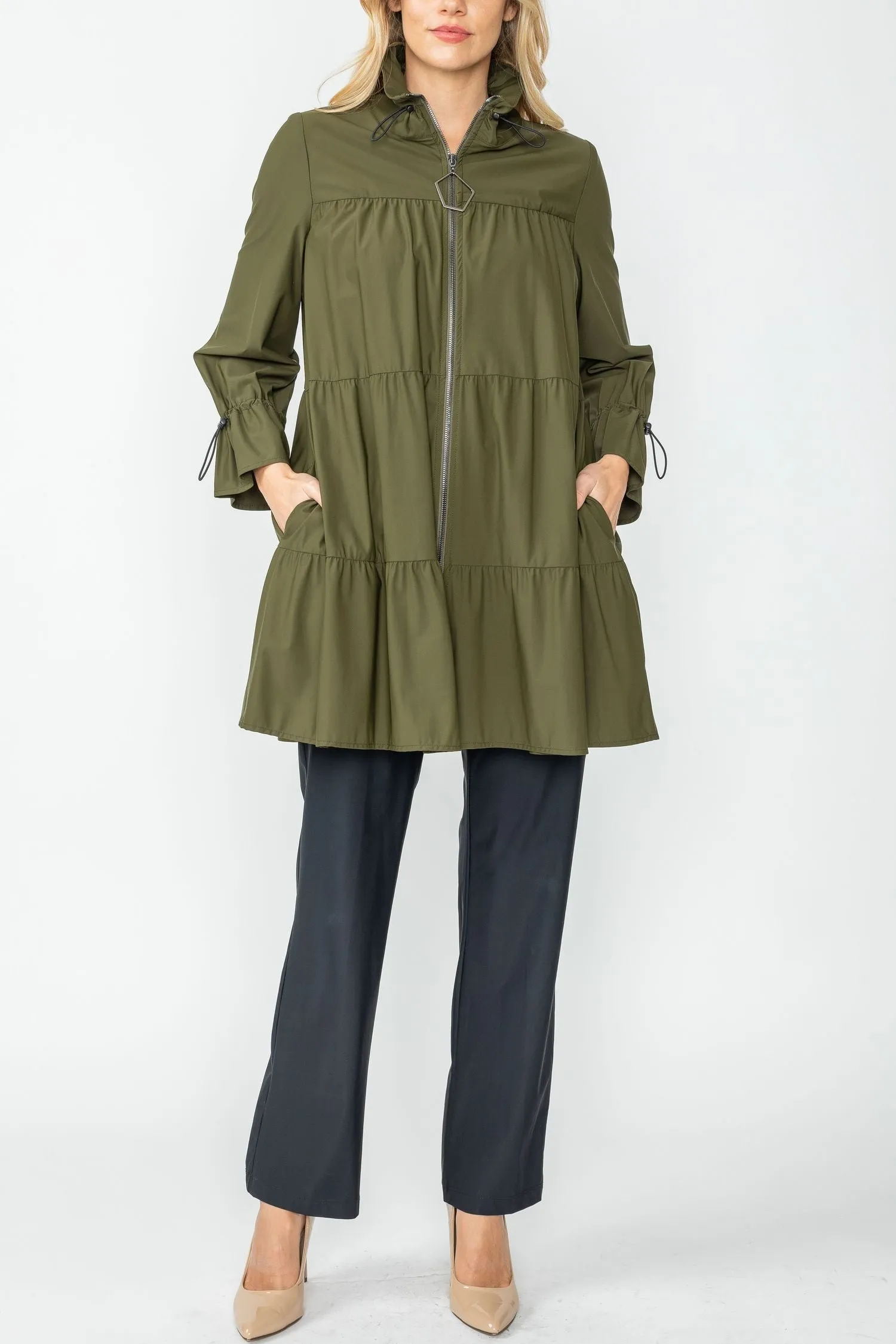 Olive Drawstrings Stand Collar Layered Shirring Jacket