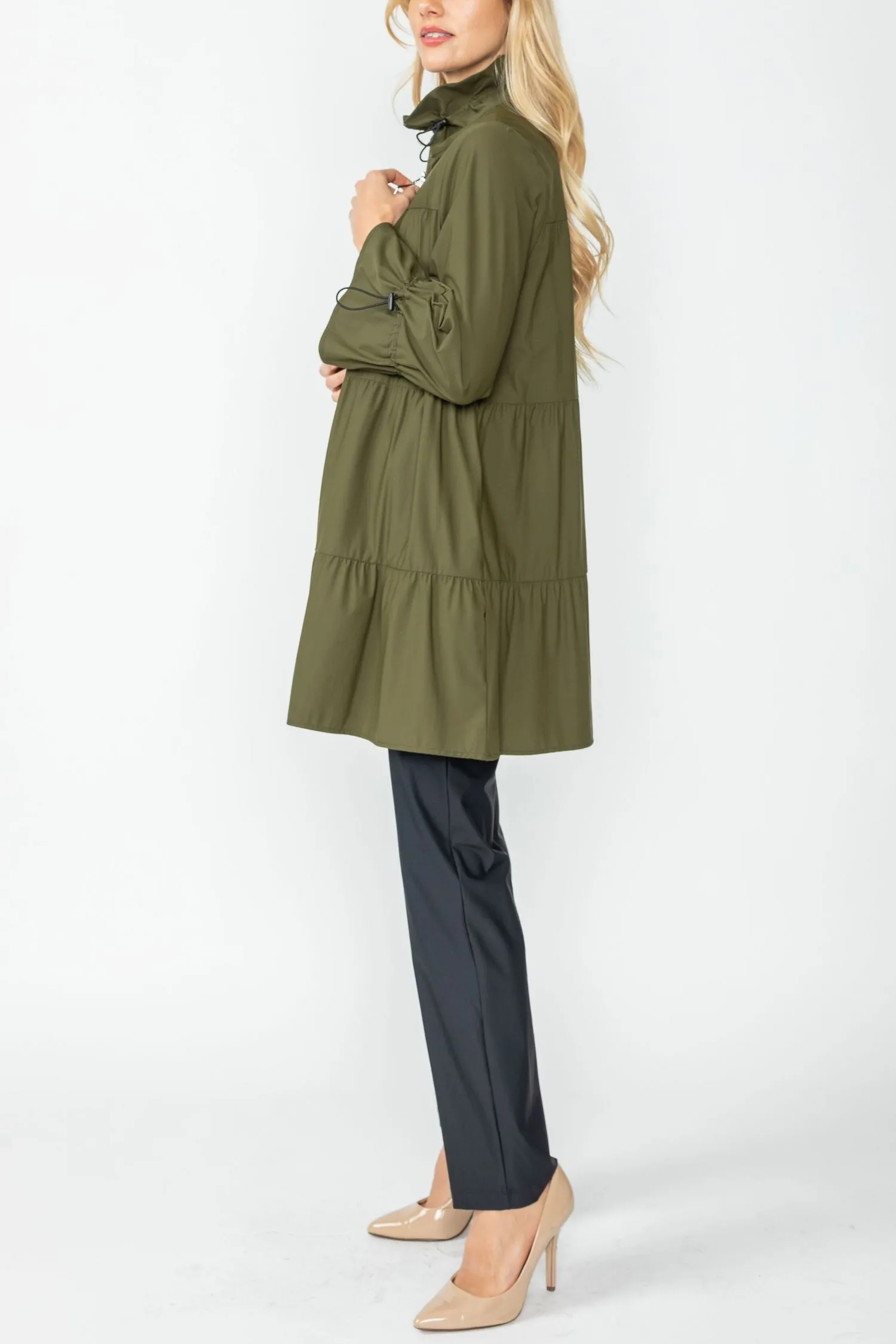 Olive Drawstrings Stand Collar Layered Shirring Jacket