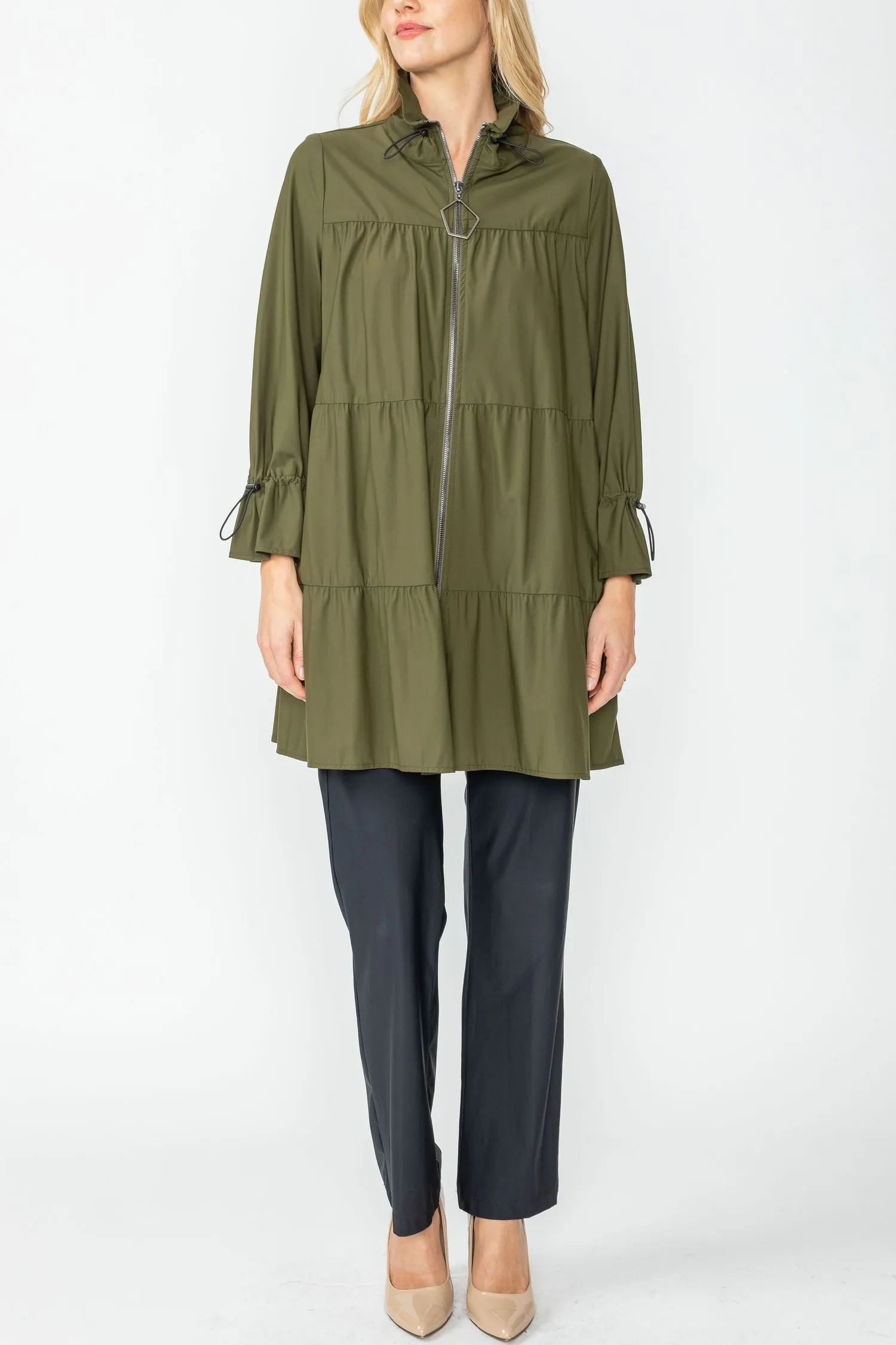 Olive Drawstrings Stand Collar Layered Shirring Jacket