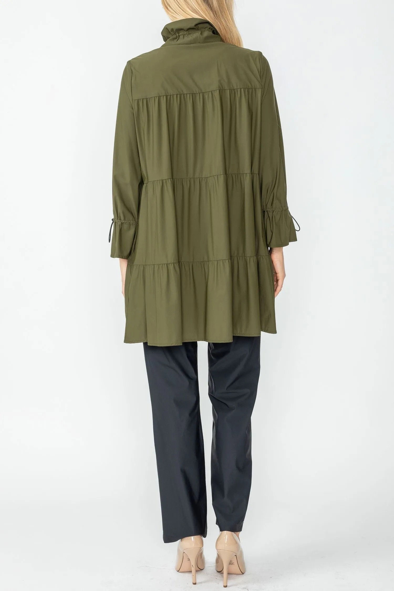 Olive Drawstrings Stand Collar Layered Shirring Jacket