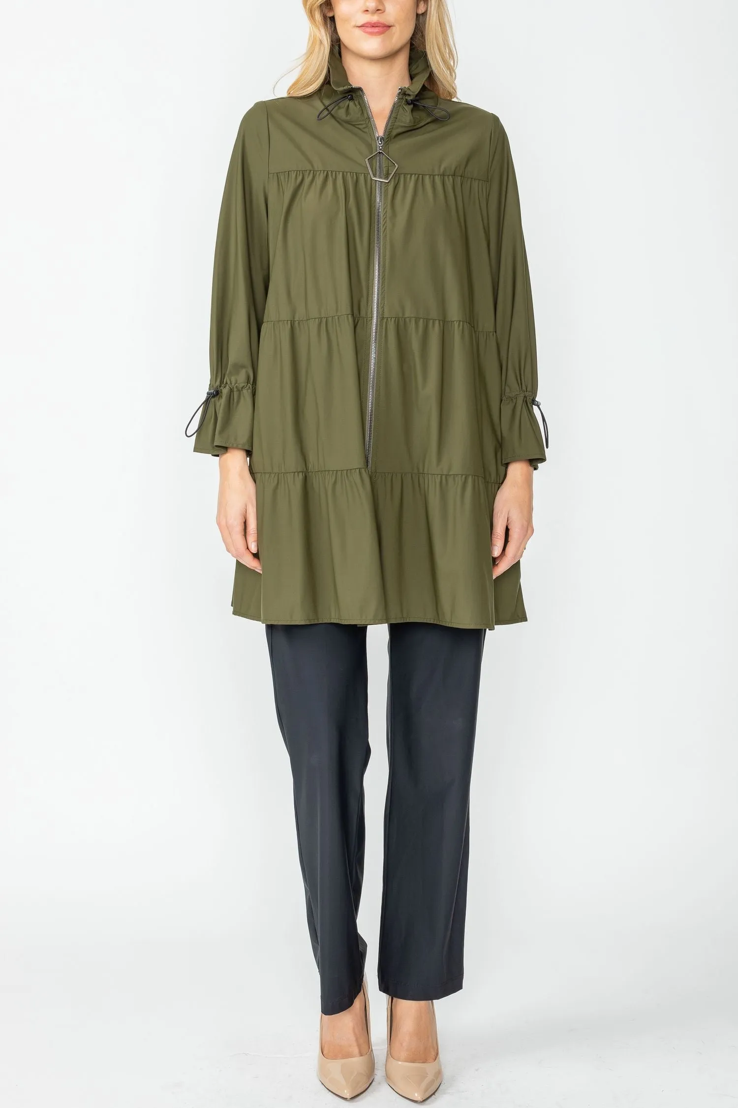 Olive Drawstrings Stand Collar Layered Shirring Jacket