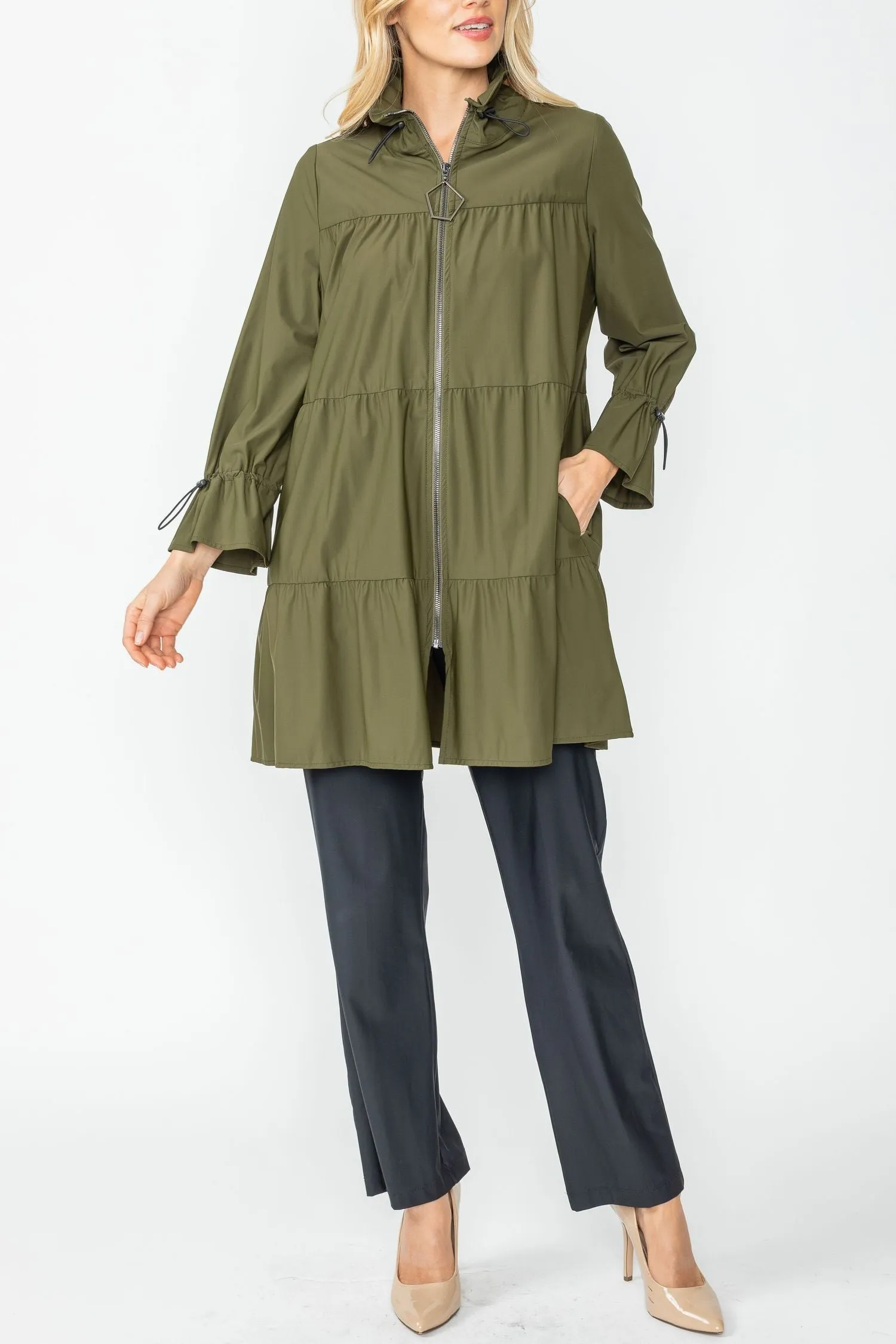 Olive Drawstrings Stand Collar Layered Shirring Jacket