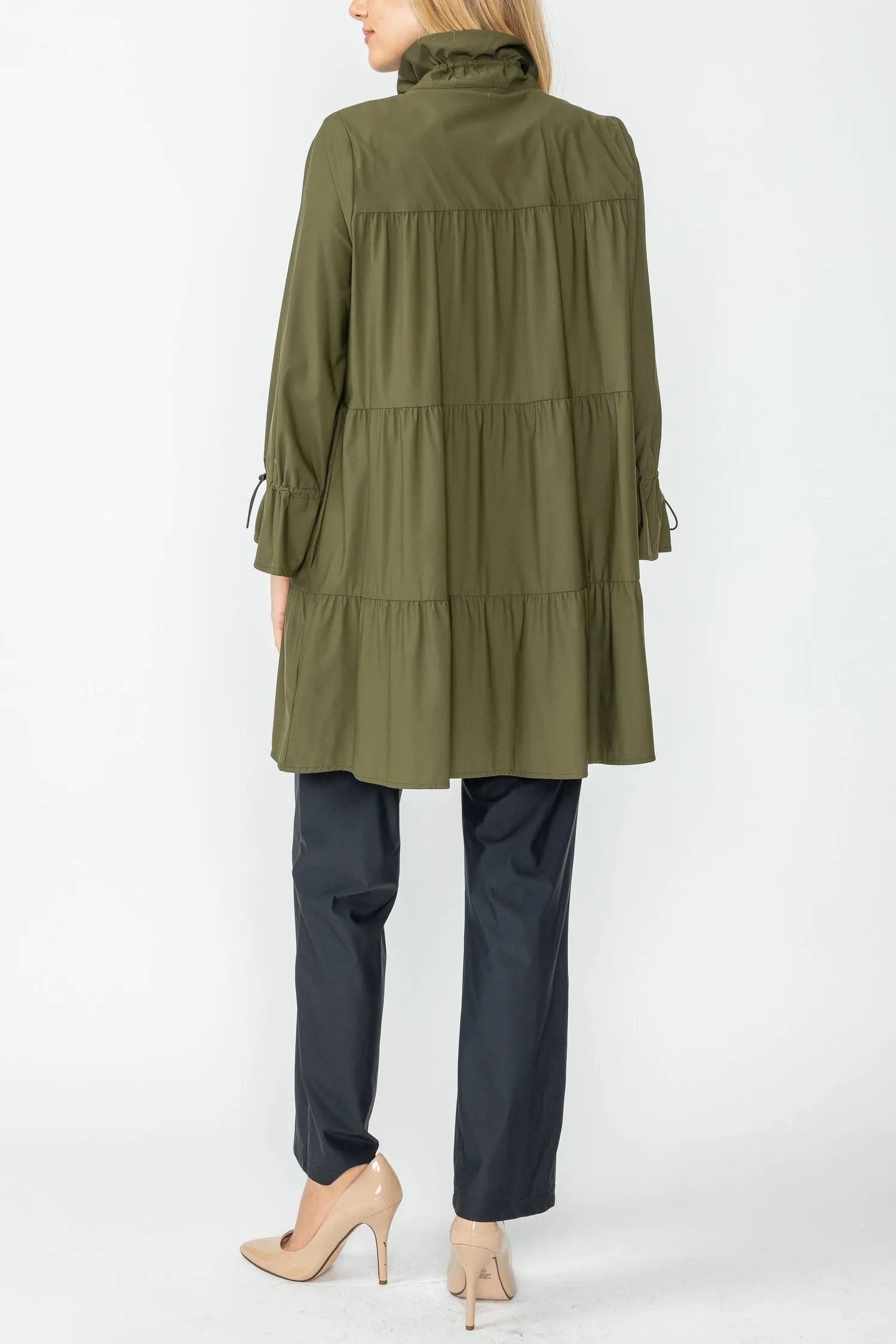 Olive Drawstrings Stand Collar Layered Shirring Jacket