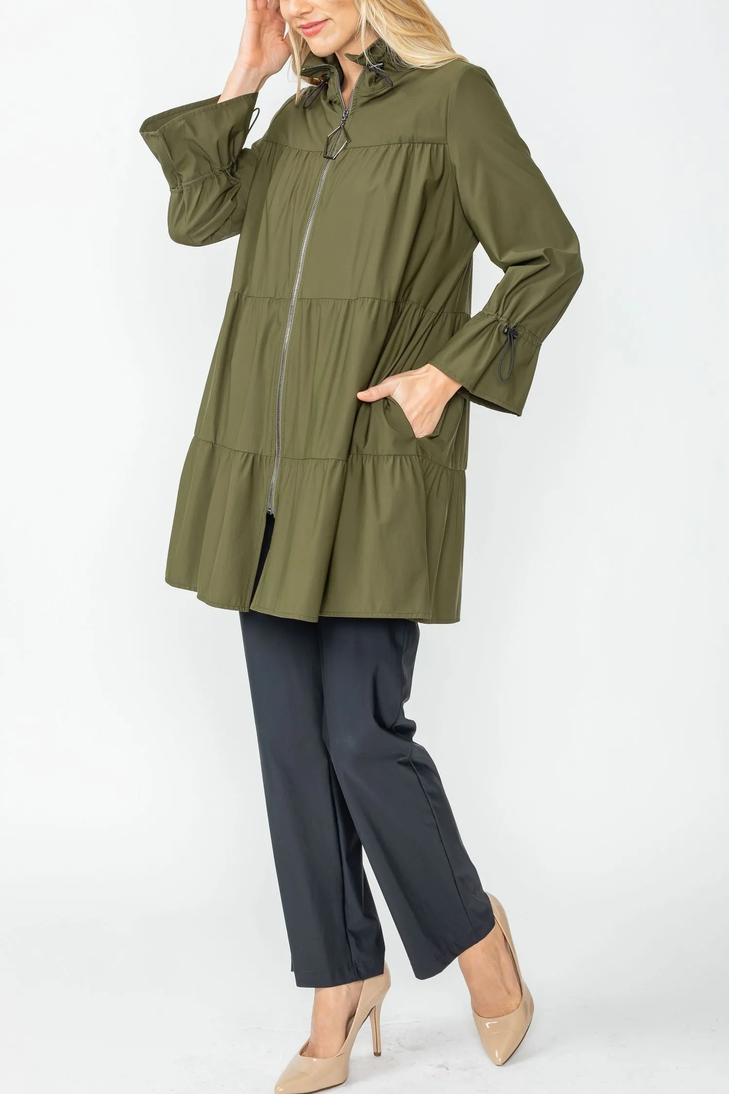 Olive Drawstrings Stand Collar Layered Shirring Jacket