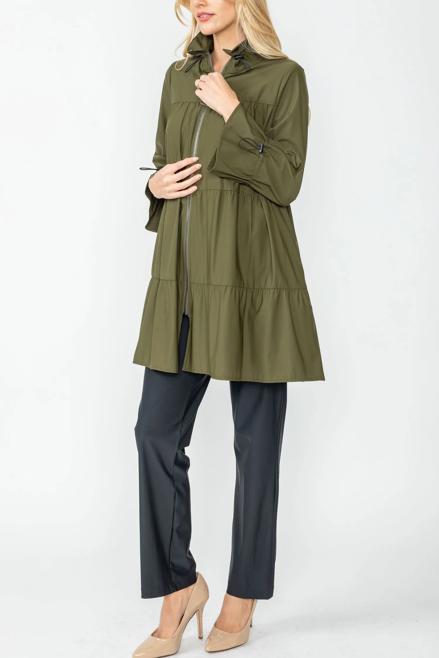 Olive Drawstrings Stand Collar Layered Shirring Jacket