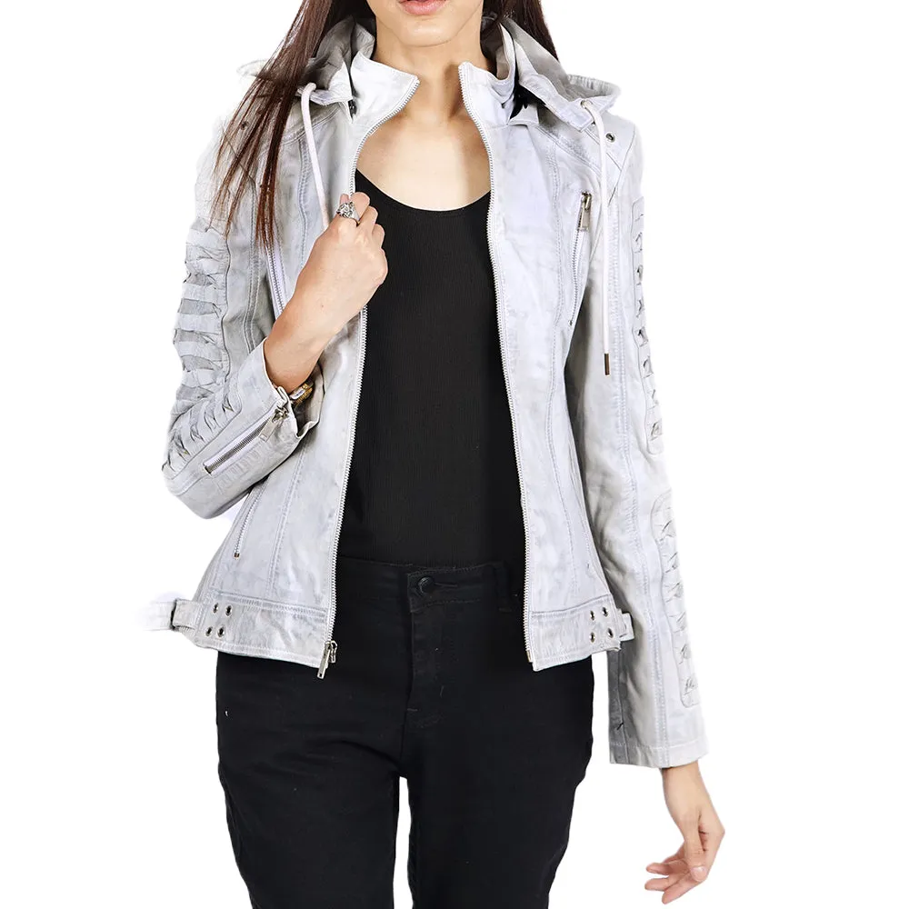 Olivia Hooded White Leather Jacket