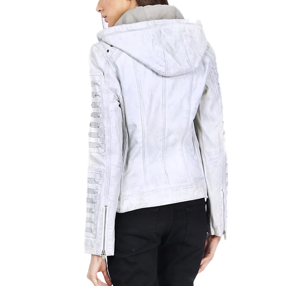 Olivia Hooded White Leather Jacket