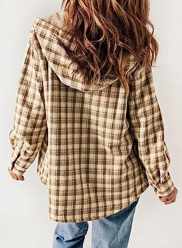 Plaid Shacket Jacket Long Sleeve Button Down Fleece Hooded Jackets Warm Coat