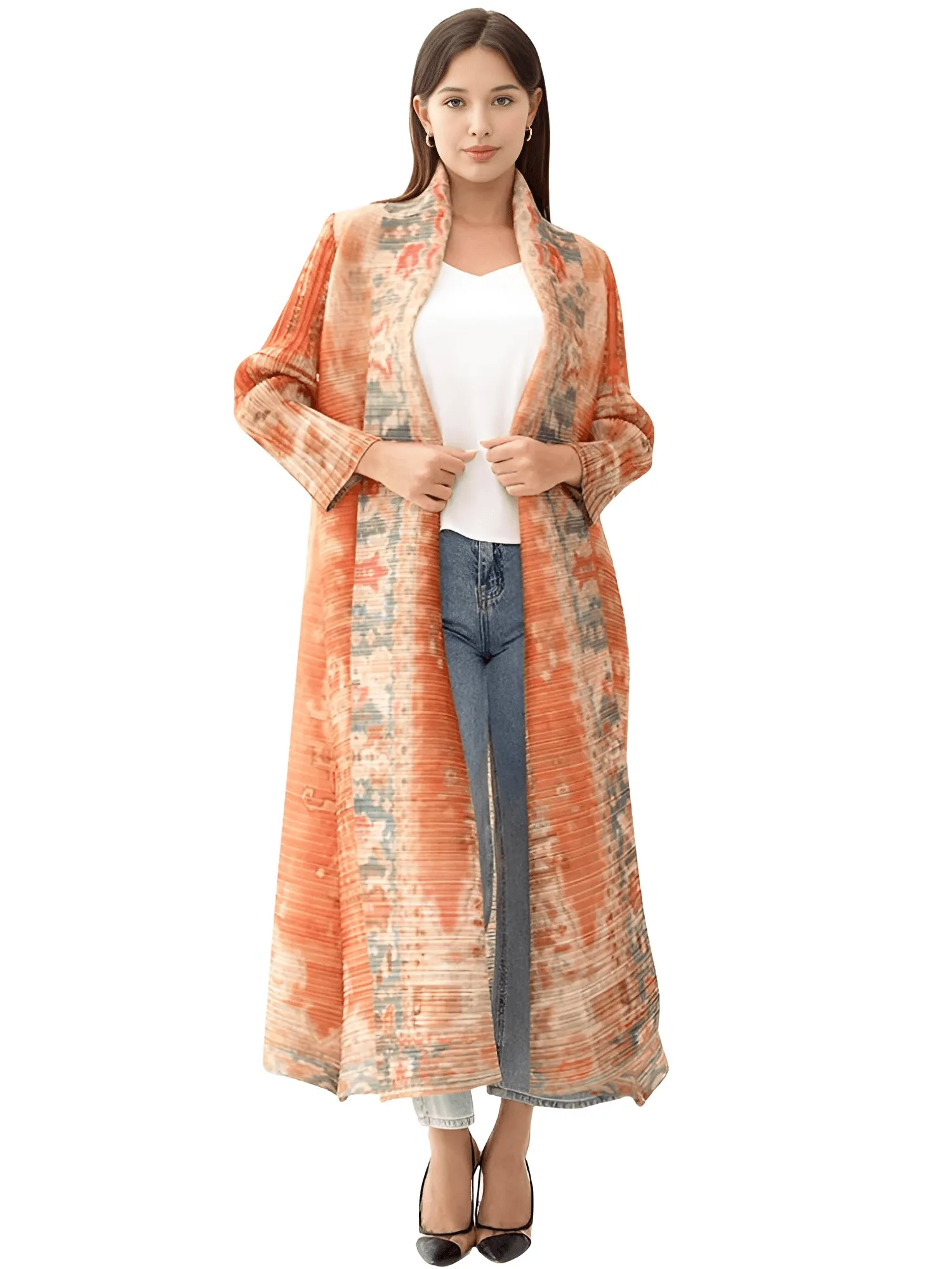 Pleated Vintage Long Jacket Women Printed Long Sleeve Designer New Dubai Style Plus Size Coats