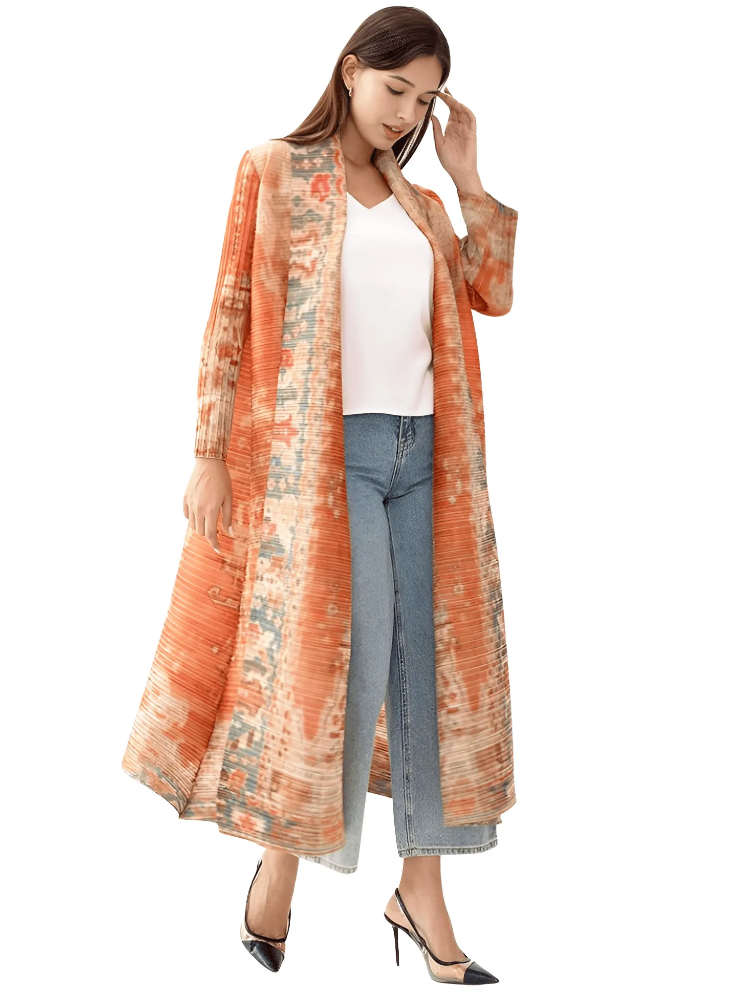 Pleated Vintage Long Jacket Women Printed Long Sleeve Designer New Dubai Style Plus Size Coats