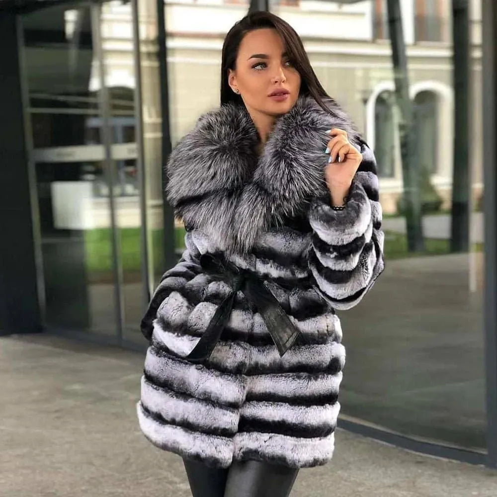 Rabbit Fur Coat with Silver Fox Fur Collar - Luxurious Winter Jacket