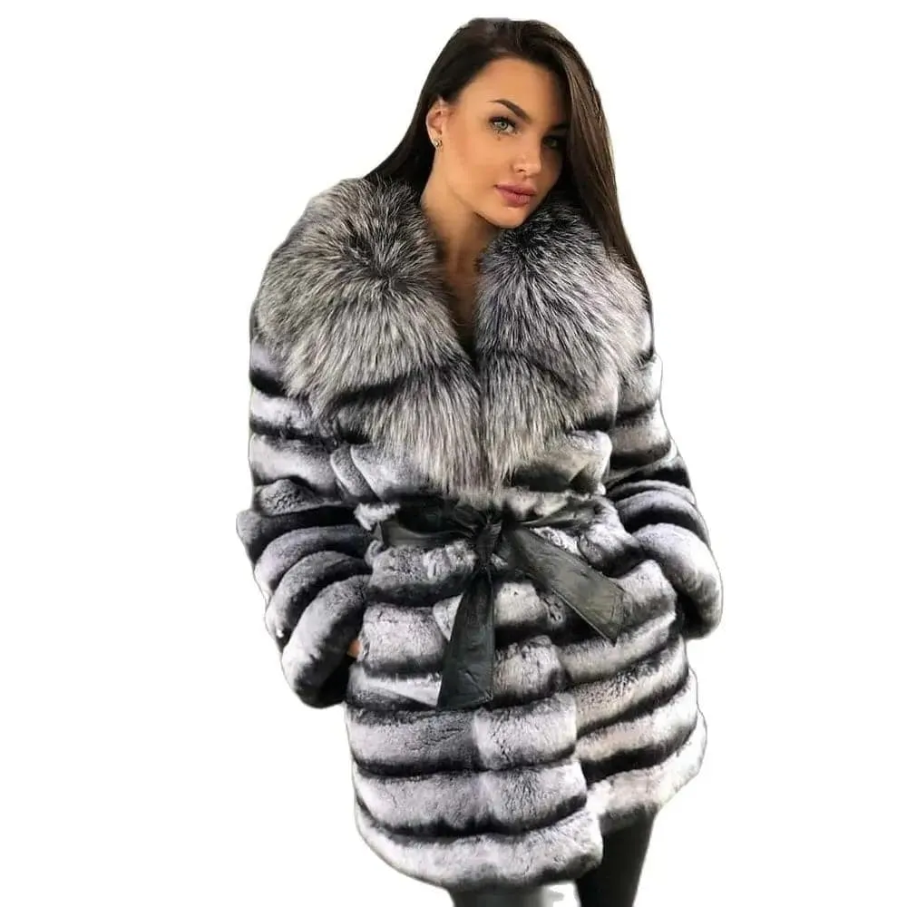 Rabbit Fur Coat with Silver Fox Fur Collar - Luxurious Winter Jacket