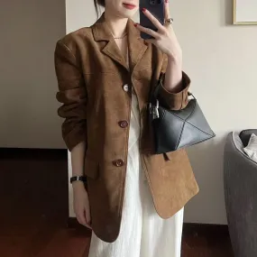 Retro Brown Leather Suit Jacket For Women