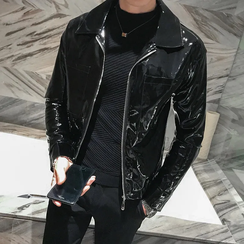 Shinny Leather Jacket for Men Fashion Autumn Winter Red Black Singer Dance Club Party Stage Costume Men Bomber Coats