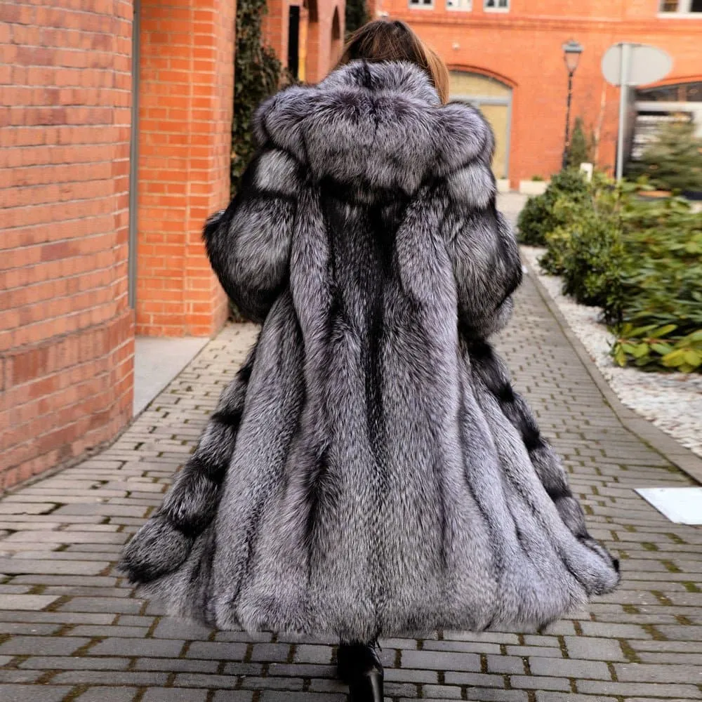 Silver Fox Fur Coat - Luxury Women's Winter Outerwear with Full Pelt, Fur Hood, and Slim Fit