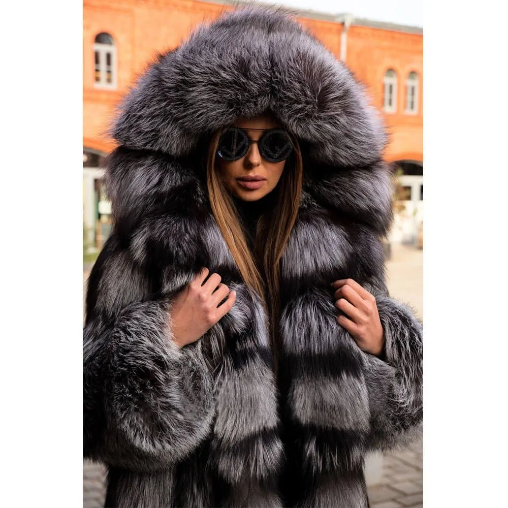 Silver Fox Fur Coat - Luxury Women's Winter Outerwear with Full Pelt, Fur Hood, and Slim Fit