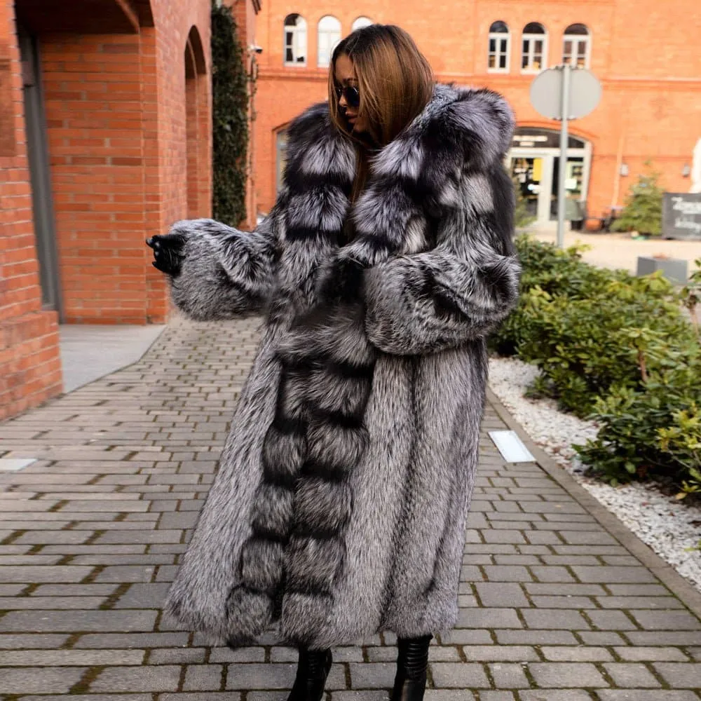 Silver Fox Fur Coat - Luxury Women's Winter Outerwear with Full Pelt, Fur Hood, and Slim Fit