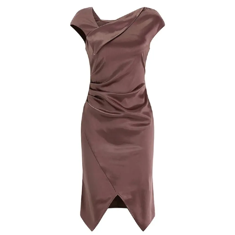 Slant Shoulder Pleated Dress - Solid O-Neck Office Lady Mid-Calf Dress