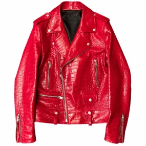 Spring Red Crocodile Pattern Leather Biker Jacket Long Sleeve Zipper Plus Size Designer Men Clothing