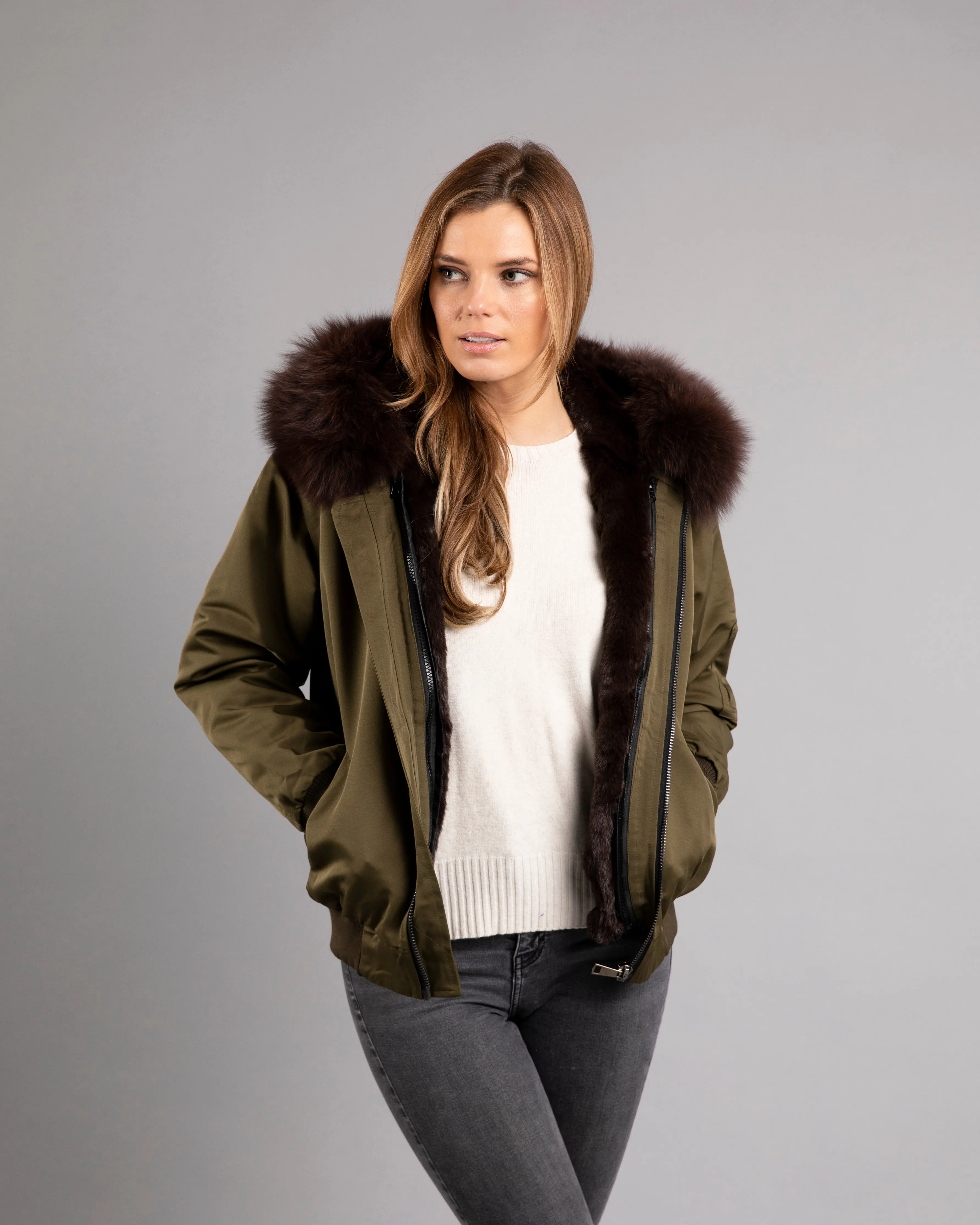 St Anton Bomber Khaki Green Brown Fur