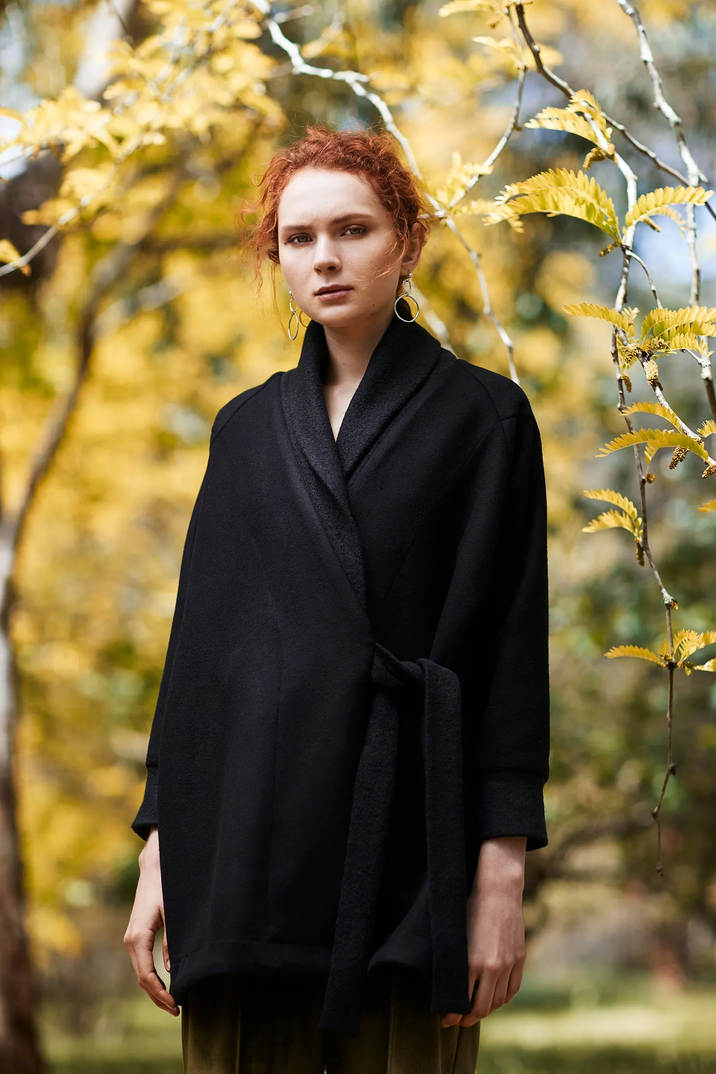 TRUFFLE COAT [ Black Wool Blend, Waist Tie Jacket ]