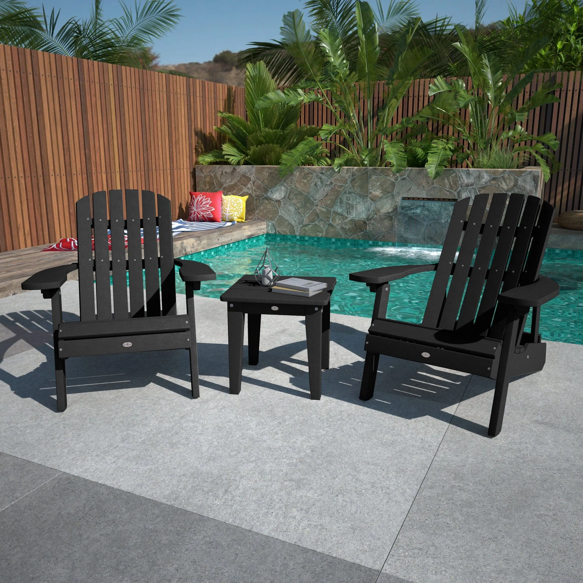 Two Cape Folding Adirondack Chairs and Side Table Set