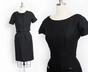 Vintage 1950s Dress Set Black Wool Wiggle Dress Cropped Jacket Ensemble Small S