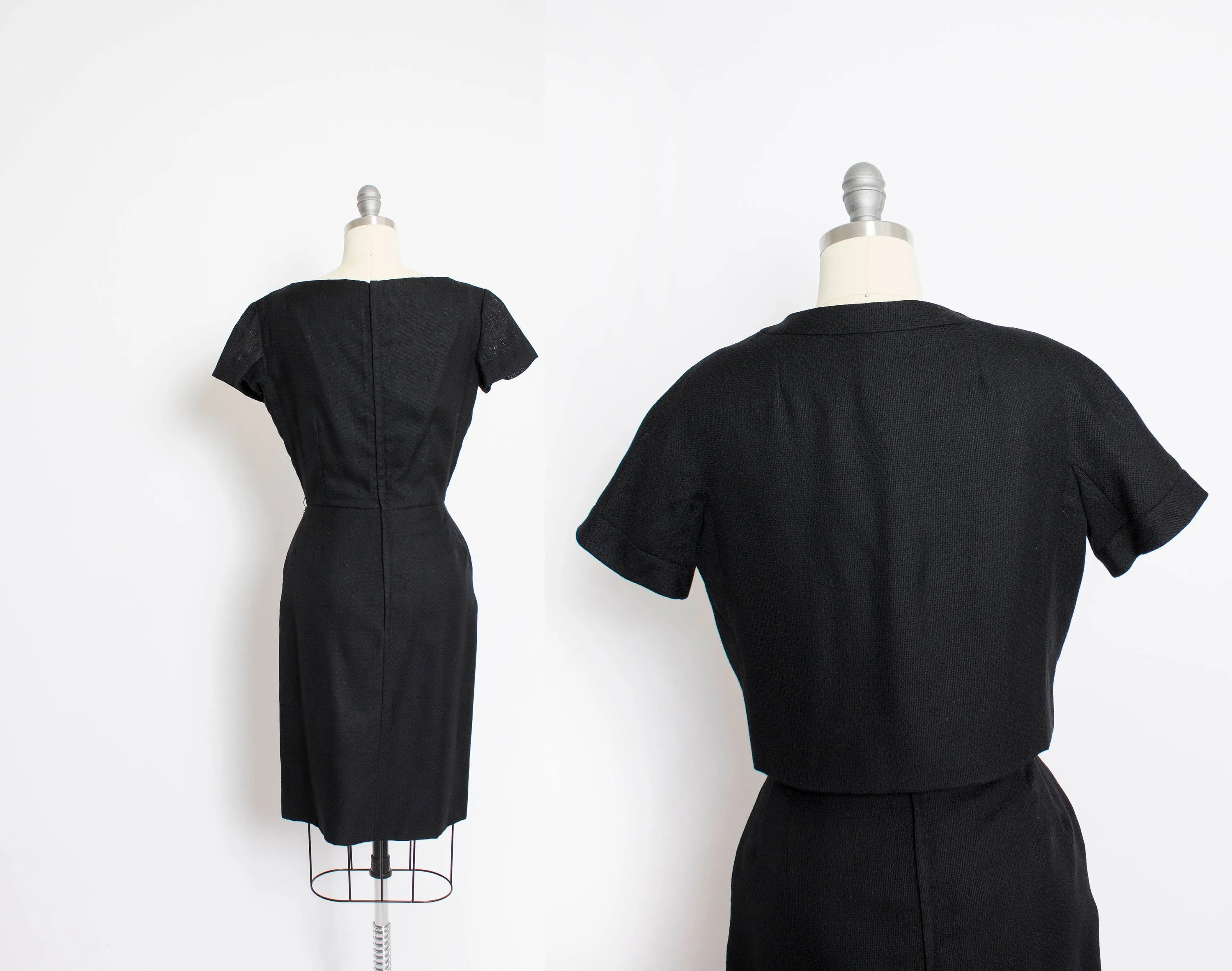 Vintage 1950s Dress Set Black Wool Wiggle Dress Cropped Jacket Ensemble Small S