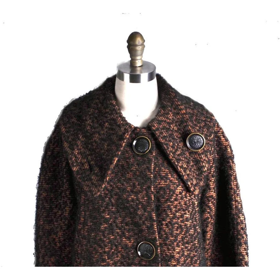 Vintage 1950s Swing Coat Brown/Black Boucle M/L Womens Winter