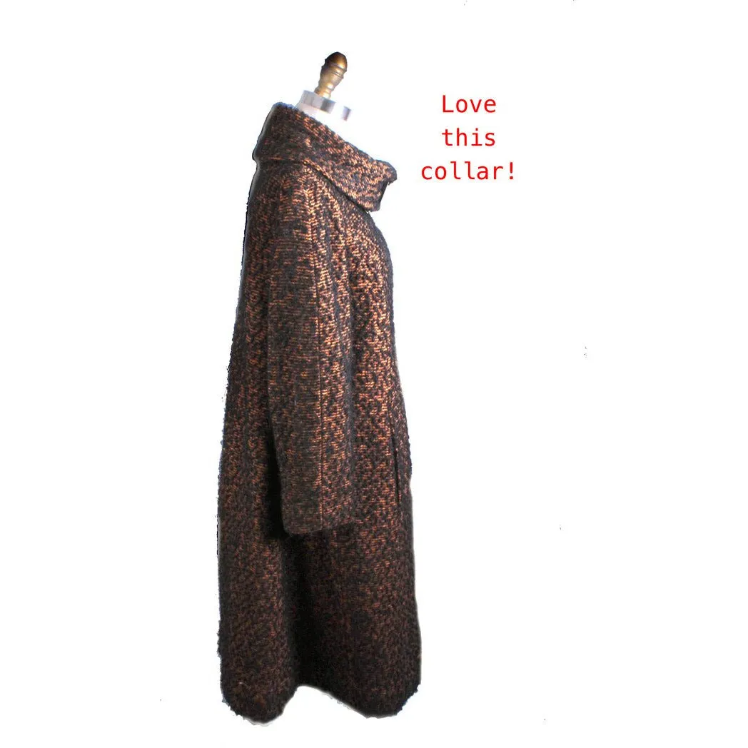 Vintage 1950s Swing Coat Brown/Black Boucle M/L Womens Winter