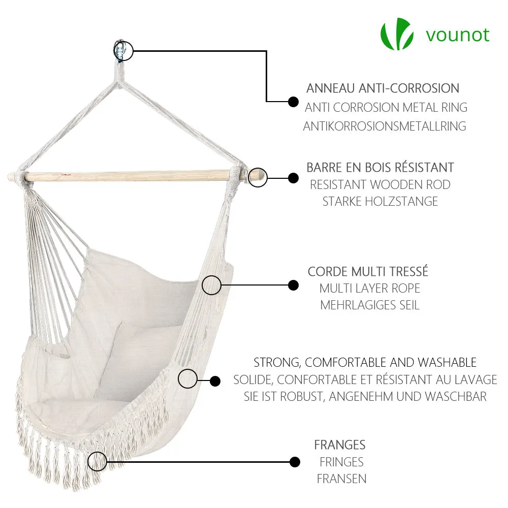 VOUNOT Hanging Hammock Chair with Cushions, Macrame Hammock Swing Chair for Garden, Bedroom, Patio, 265LBS Capacity, Beige