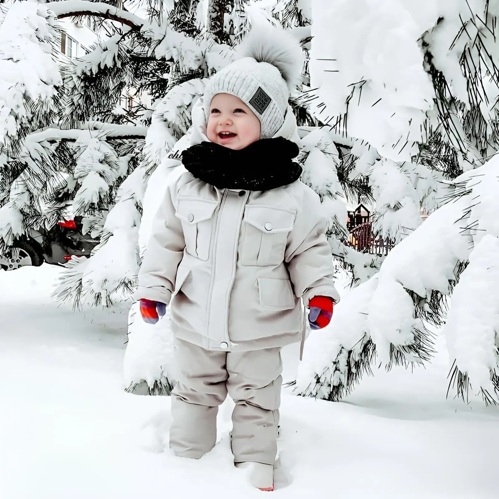 Winter Down Jacket and Snow Pants for Baby With Real Fur Collar