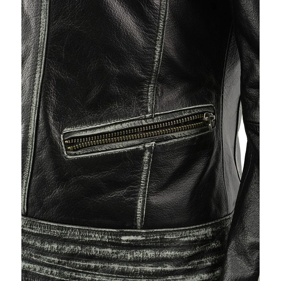 Women Distressed Black Leather Jacket with Lace & Star Accents