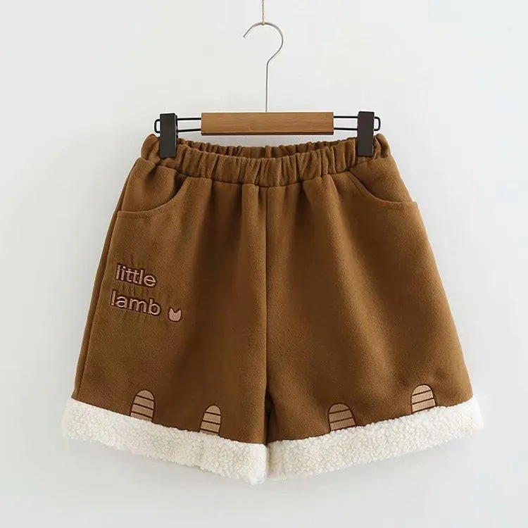 Women's Casual Little Lamb Embroidered Wool-like Winter Shorts