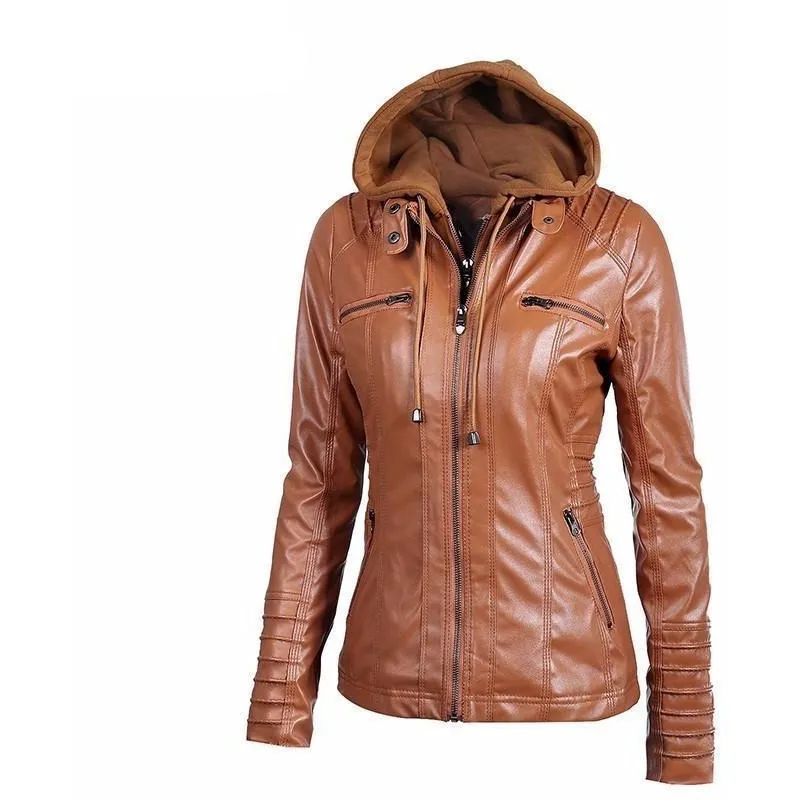 Womens Leather Button-Up Collar Jacket