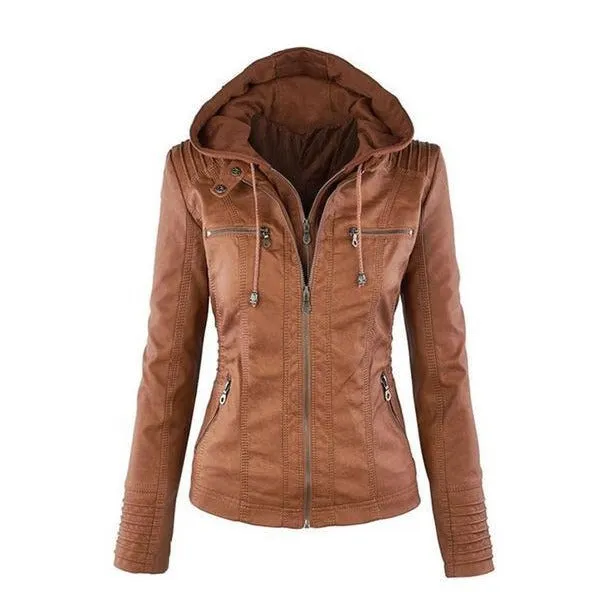 Womens Leather Button-Up Collar Jacket